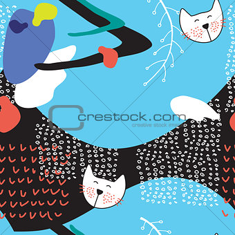 Hand drawn abstract seamless background pattern with cute cats