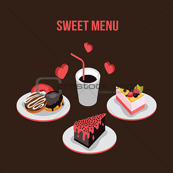 Delicious dessert poster Donut Cake Coffee background Food  isometric style