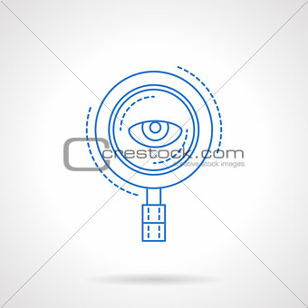 Blue flat line magnifier and eye vector icon