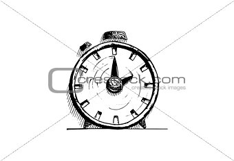 Hand drawn colored alarm clock on white background. Vector illustration.