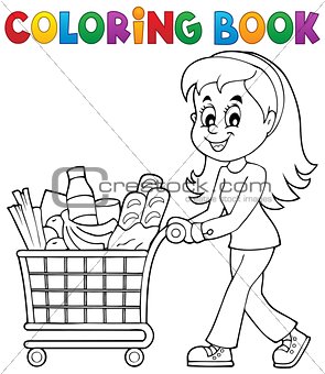 Coloring book woman with shopping cart