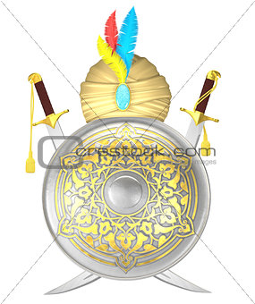 Shield and crossed scimitar swords with turban