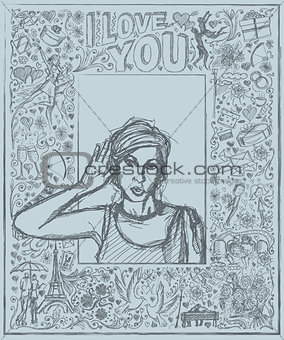 Sketch Woman Overhearing Something Against Love Story Background