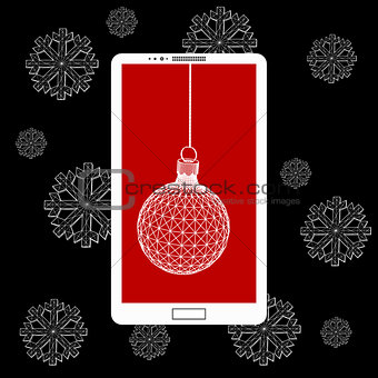 Flat vector illustration of modern Mobile phone with Christmas decoration. The structural grid of polygons. Abstract Creative concept background. Christmas ornaments hanging rope.
