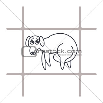 Frightened dog  in cage line icon