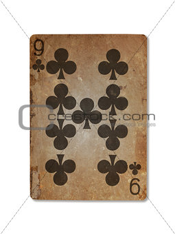 Very old playing card, nine of clubs