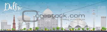 Delhi skyline with grey landmarks and blue sky