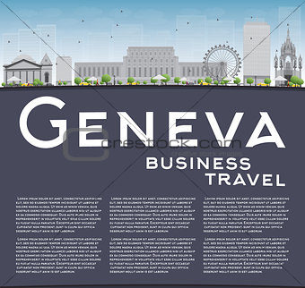Geneva skyline with grey landmarks, blue sky and copy space