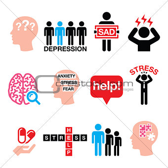 Depression, stress icons set - mental health concept