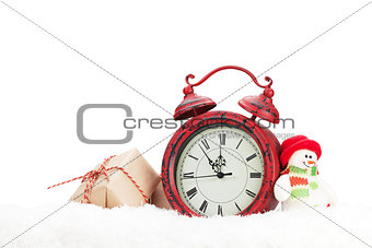 Christmas gift box, snowman toy and alarm clock