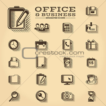 Office and Business engraved icons set