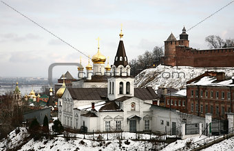 Winter view of orthodox Ñhurch and Kremlin Nizhny Novgorod