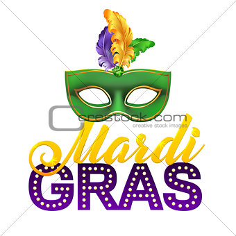 Mardi Gras Party Mask Poster.Calligraphy and Typography Card. Lights, Feathers. Holiday  or placard template