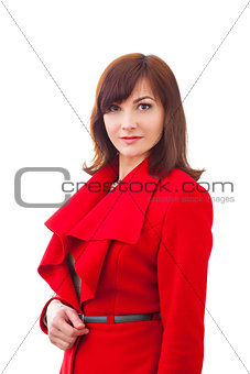 Winter girl in red coat  over white background