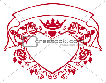 Emblem of love - shape heart, dagger, crown, ribbon and roses