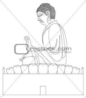 Big Buddha Sitting Statue Black and White Line Art Illustration