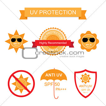 Set of UV Sun Protection and anti UV icons