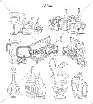 Wine and Grapes, Hand drawn Vector Set