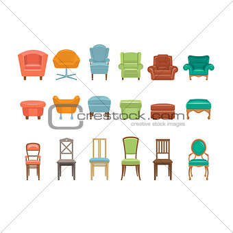 Furniture for Sitting. Chairs, Armchairs, Stools Icons. Vector Illustration