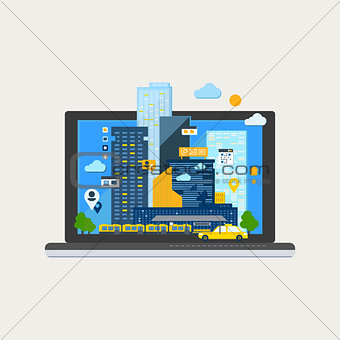 City Landscape in Laptop. Vector Illustration
