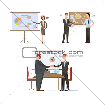 Businessman Presentations and Charts. Vector Illustration Set
