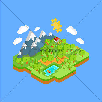 Natural Landscape with Mountains River and Forest. Vector Flat Isometric 3D Concept.