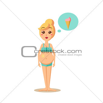 Pregnant Woman Dreaming of an Ice Cream. Vector Illustration