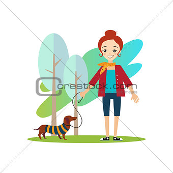 Walking a Dog. Daily Routine Activities of Women. Vector Illustration