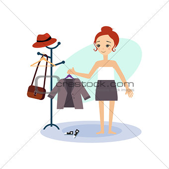 Dressing Down. Daily Routine Activities of Women. Vector Illustration