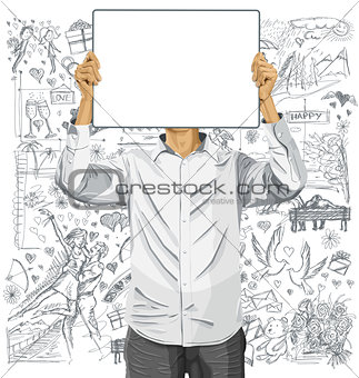 Man With Write Board Against Love Background