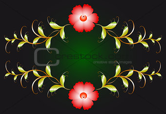 Floral ornament and red flowers on dark. EPS10 vector illustration
