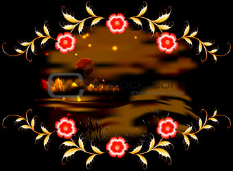 Mountains, lake and ornament on dark moonlit night. EPS10 vector illustration