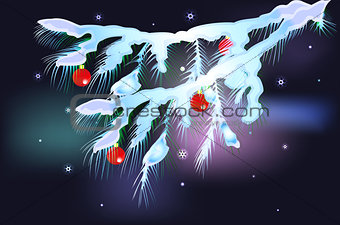 Snowy fir branches with red balls. EPS10 vector illustration