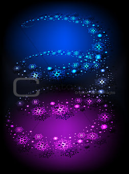 Blizzard swirls in a spiral with snowflakes and bright colored holiday lights. EPS10 vector illustration