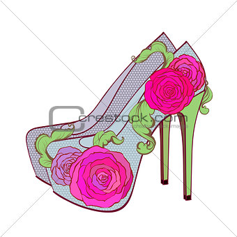 Fasion high - heel shoes with rosesand vintage leaves
