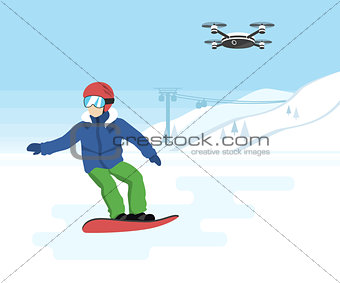 Snowboarding and remote drone with camera
