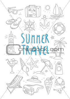 Summer Travel and Tourism Handdrawn Set. Vector Illustration
