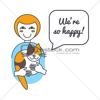 Woman and cat with speech bubble and saying