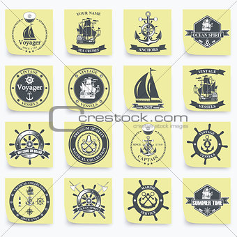 Set of vintage nautical labels, icons and design elements.