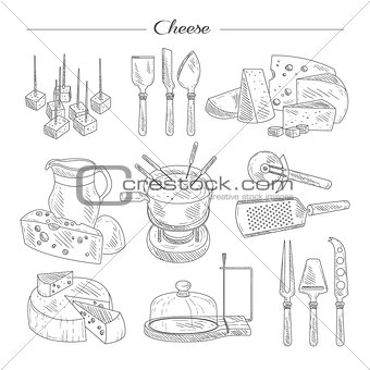 Cheese and Cutting Tools. Sketch Vector Illustration Set.