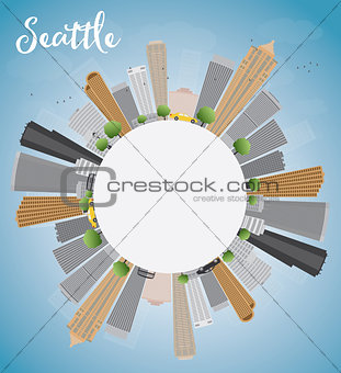 Seattle City Skyline with Grey Buildings and Blue Sky