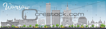 Warsaw skyline with grey buildings and blue sky