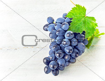 Blue grapes with green leaf on wooden board