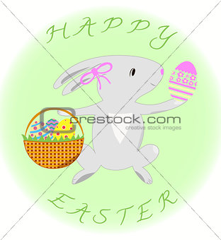 Greeting card with rabbit and eggs  Happy Easter 