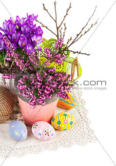 Easter still life with eggs and spring flowers