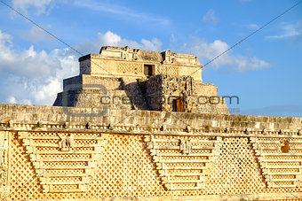 Detail of ancient Mayan architecture in Uxmal archeological site