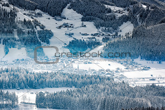 Wintery village in alpine valley, Tyrol, Austriai