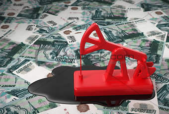 Red Pumpjack And Spilled Oil Over Russian Rubles