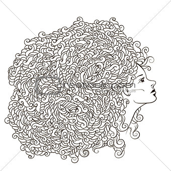 Vector girl with abstract flower garland on the head. Uncolored contour illustration. Can be used as adult coloring book, card, invitation, t-shirt print.