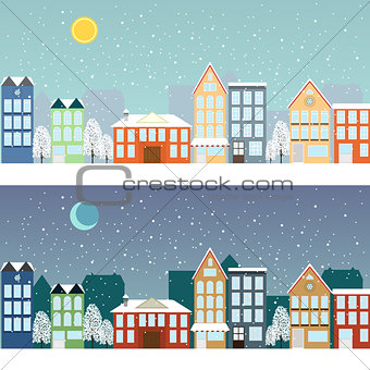Winter sityscape at night and at day